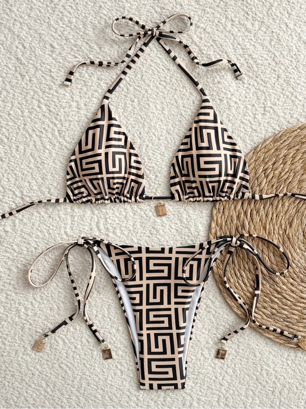 NEW Women’s Geometric Beige & Black Tie-Side Bikini Set, Women’s Swim Size M